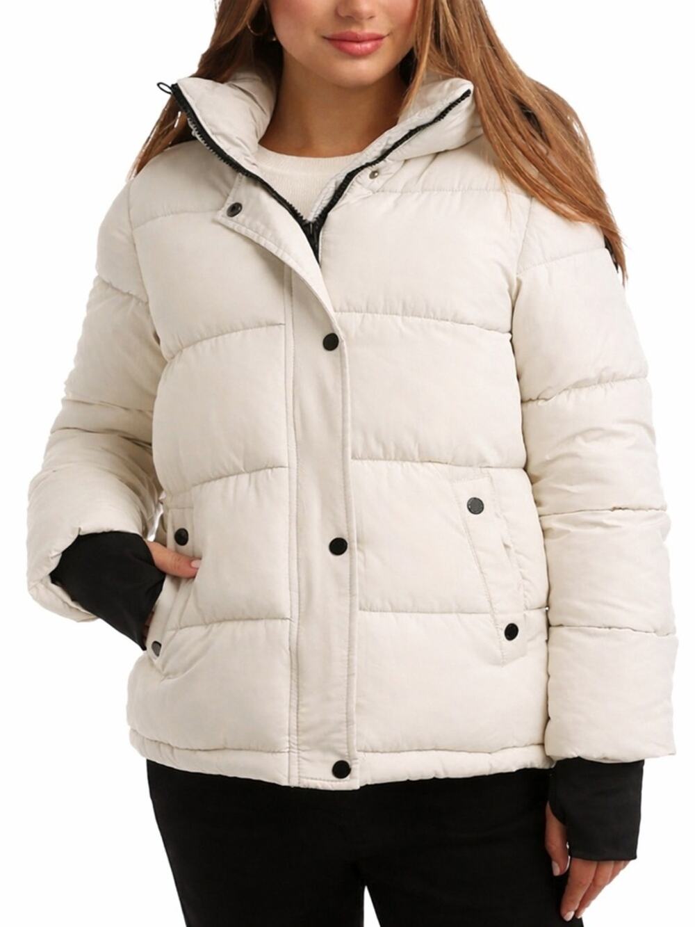 Steve Madden Womens Quilted Hooded Puffer Jacket Winter White Size S.